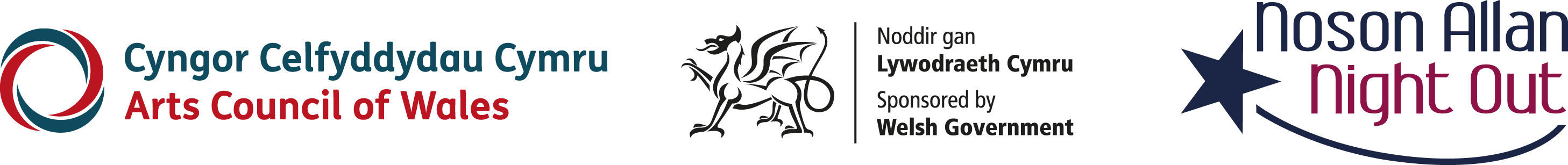 Llun: Stribed logo lliw Noson Allan y gellir ei lawrlwytho gyda logos Cyngor Celfyddydau a Llywodraeth Cymru